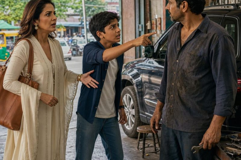 अमीर माँ ने गैराज में ग्रीस लगे मैकेनिक को नीचा दिखाया, लेकिन बेटे ने कांपती आवाज़ में कहा—“माँ, यही वो आदमी है जिसने मुझे मरने से बचाया था…