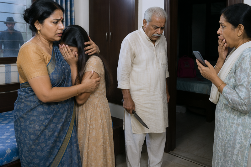 माँ ने इसे सिर्फ वायरल समझा, पर पड़ोसन ने बंद कमरे का सच दिखाया—बच्ची काँपते होंठों से बोली, “उसे अंदर मत आने देना,” और उसी पल नाना पर लगा शक एक खौफनाक पीछा करने वाले की साजिश में बदल गया