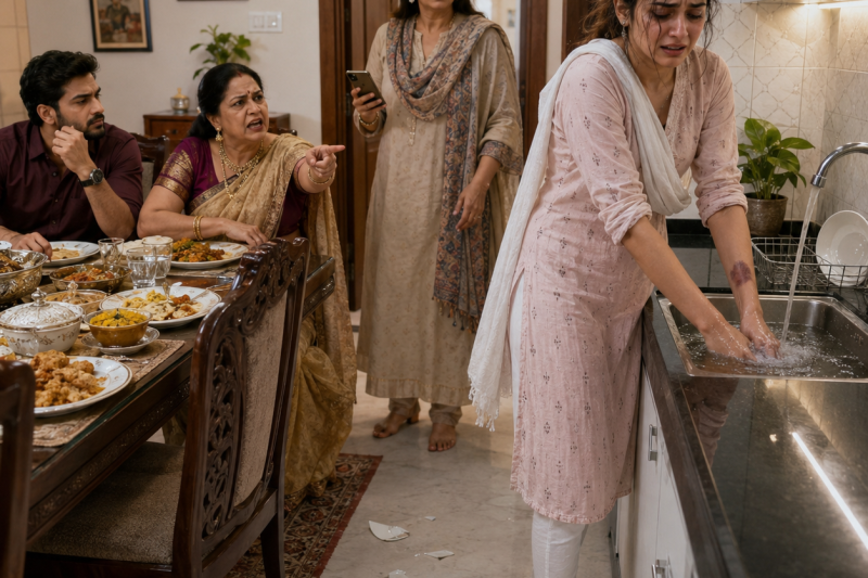 बेटी के घर बिना बताए पहुँची माँ ने देखा, दामाद और सास राजाओं की तरह खा रहे थे, जबकि बहू बर्फीले पानी में काँप रही थी; जब उसने कहा “यह घर तुम्हारा नहीं”, 5 मिनट में पूरा अत्याचार बेनकाब हो गया