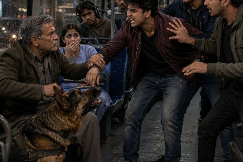 बारिश भरी रात में 3 लड़कों ने बूढ़े फौजी के घायल सेवा कुत्ते को मारना चाहा, पूरी बस चुप रही… फिर उसने पट्टा खोलकर कहा, “अब जानोगे ये चुप क्यों था”