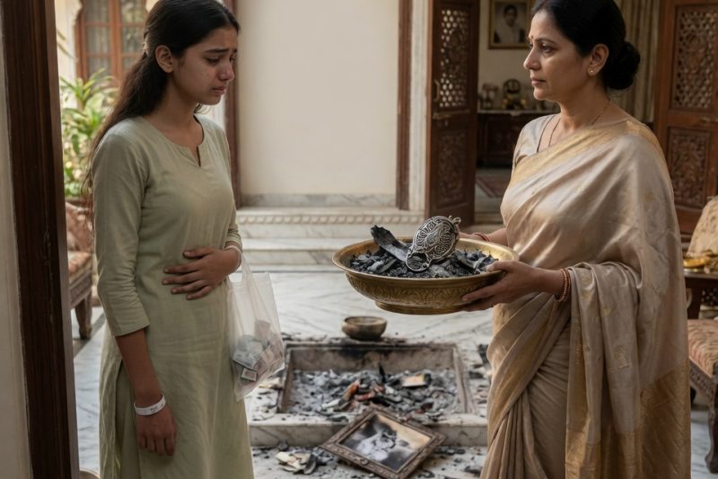 बीमारी से लौटी किशोरी को सौतेली माँ ने राख थमाकर कहा, “यही तुम्हारी माँ की निशानी है”, फिर पिता ने खाली संदूक, जले लॉकेट और छुपे खातों से जाना कि घर में प्यार नहीं, बरसों की लूट और नफरत पल रही थी