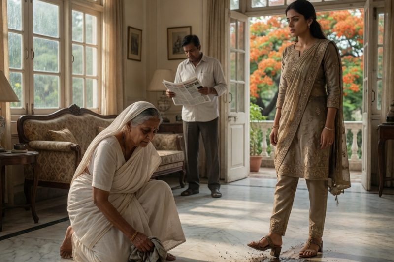 बहू ने 70 साल की सास को घुटनों पर पोछा लगवाकर ताना मारा, “तुम यहाँ मुफ्त में रहती हो”, मगर सुबह गेट पर लगा बिकाऊ बोर्ड उसके झूठे रौब, पति की चोरी और पूरे समाज की इज्जत तोड़ गया