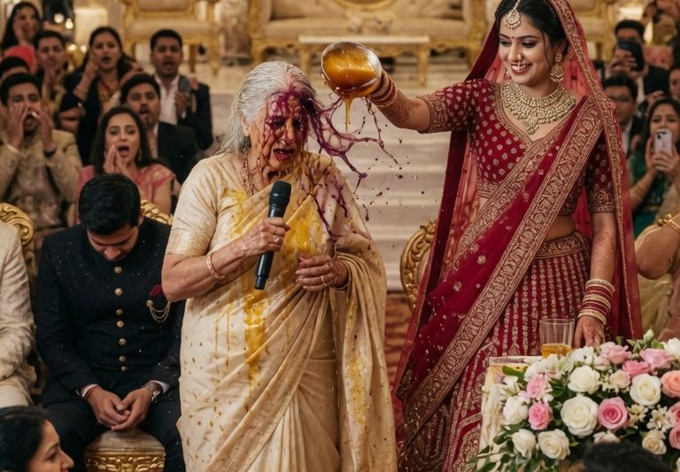अपनी ही शादी के मंच पर बहू ने विधवा सास के सफेद बालों पर चाशनी उंडेली, बेटा सिर झुकाकर चुप रहा, और माँ ने सबके सामने कहा, “कल से मेरा घर और मेरा पैसा बंद है”, तभी 5 साल की चुप्पी टूट गई