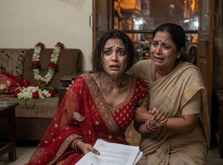 सुहागरात में दुल्हन टूटी चूड़ियों और सूजे चेहरे के साथ मायके लौटी, क्योंकि ससुराल ने उसके फ्लैट के कागज़ मांगे—“वह दरवाज़े के पीछे सुन रहा था”, और पति की खामोशी ने अदालत तक सबको हिला दिया