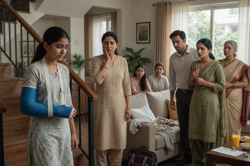 बेटी अस्पताल से टूटे हाथ के साथ लौटी, मगर पिता तलाकशुदा मौसी को संभालने भागा; फिर माँ ने उसी पारिवारिक सोफे पर विश्वासघात देखा और बच्ची की आवाज गूँजी, “आपने मुझे दर्द में छोड़ दिया”, जिसने पूरा घर हिला दिया