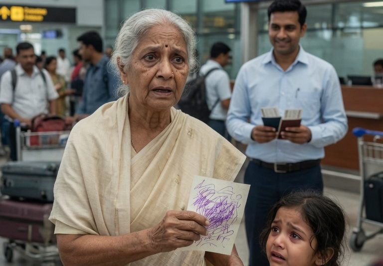 बुजुर्ग माँ को “सुरक्षा” के नाम पर विदेश भेजा जा रहा था, लेकिन एयरपोर्ट पर 8 साल की पोती ने कांपते हाथों से पर्ची दी—“दादी, फ्लाइट में मत बैठना”, और खाली होते घर के पीछे बेटे की असली साजिश खुल गई