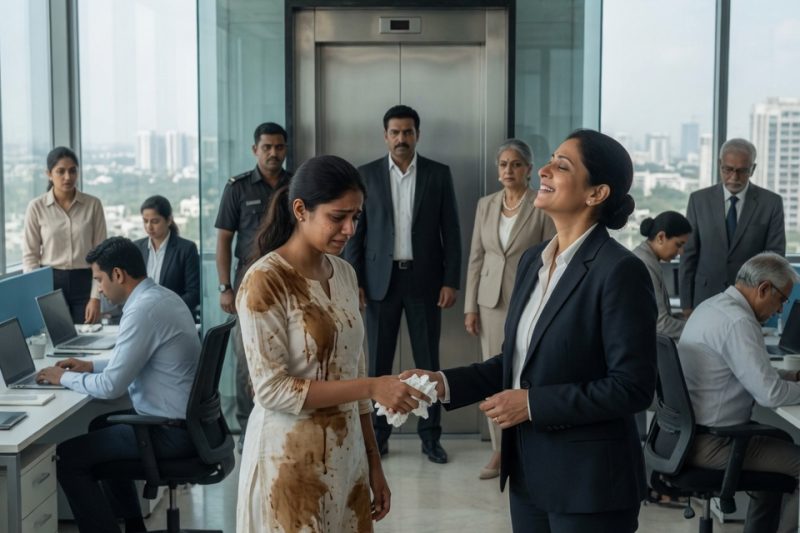 पूरे ऑफिस के सामने कॉफी से भीगा कुर्ता पोंछती इंटर्न पर मैनेजर हंसी, “अपने पापा को बुला ले”, लेकिन लिफ्ट से उतरे उस आदमी ने ऐसा सच खोल दिया कि वर्षों से दबे कर्मचारी भी रो पड़े
