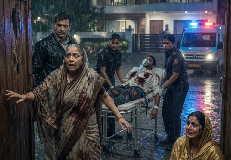रात की बारिश में माँ को अनजान आदमी ने रोका, “उस घर मत जाना”, मगर जब वह बेटे के दरवाजे पहुँची, तो खून से सनी बहू, घायल बेटा और शादी के पीछे छिपी करोड़ों की साजिश ने उसकी दुनिया तोड़ दी