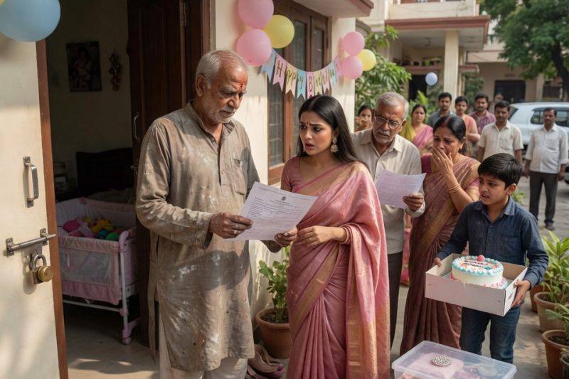 बच्चे के पहले जन्मदिन पर बहू ने अपने ही ससुर को घर से छिपाने को कहा, “आपसे हमारी इज्जत खराब होगी”, लेकिन मेहमानों के आने से पहले बूढ़े आदमी ने सबके सामने असली मालिकाना सच खोल दिया और रिश्ता हिला दिया
