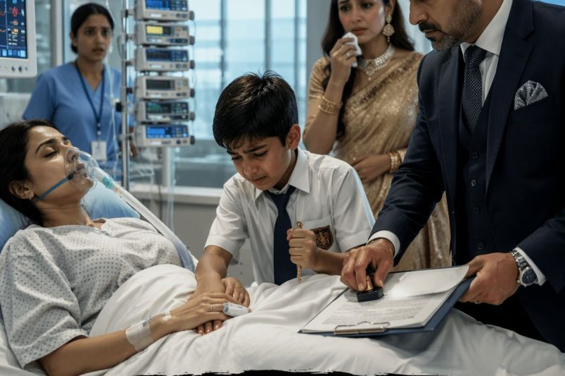“बस उसका अंगूठा लगवा दो” — पति ने बेहोश पत्नी की संपत्ति हड़पने के लिए कहा, मगर 9 साल के बेटे, एक छोटी पीतल की चाबी और नीले कमरे का राज सब बदलने वाले थे।