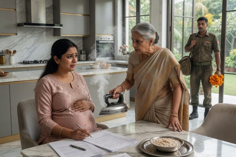 8 महीने की गर्भवती बहू से सास ने गरम इस्त्री दिखाकर कागजों पर हस्ताक्षर करवाने की कोशिश की, “हस्ताक्षर कर दे, वरना बेटी जल जाएगी”, तभी मृत बताया गया फौजी पति दरवाजे पर लौट आया और घर का सच खुल गया
