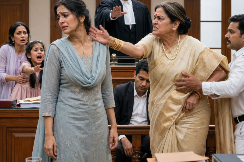 भरी अदालत में सास ने बहू को थप्पड़ मारा, पति ने नजरें झुका लीं, मगर जज की ठंडी आवाज ने सबको जमा दिया— “आपने अभी सच साबित कर दिया”, और बेटी की कस्टडी उसी पल मां के हाथों में लौट गई