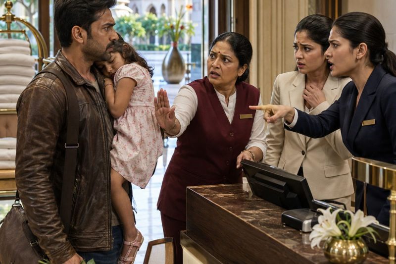 कंधे पर सोती 6 साल की बेटी और हाथ में पत्नी की बरसी के गुलाब लिए पिता को होटल ने धक्का देकर कहा, “सस्ता लॉज देखो”… फिर स्क्रीन पर उसका असली राज खुला तो सबके चेहरे उतर गए