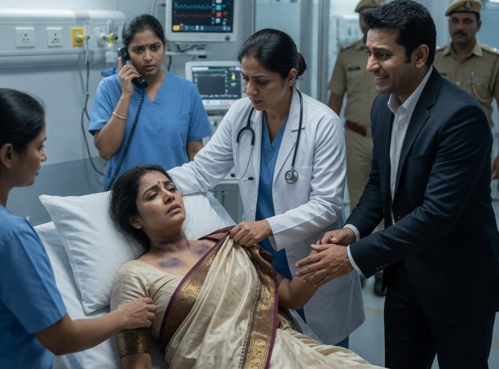 इमरजेंसी वार्ड में पति मुस्कुराकर हादसे की कहानी सुनाता रहा, मगर डॉक्टर ने गले के नीले निशान देखकर कहा “पुलिस बुलाइए”, और उसी रात एक टूटी पत्नी ने चुप्पी तोड़कर पूरे समाजसेवी साम्राज्य की गंदी सच्चाई सबके सामने खोल दी