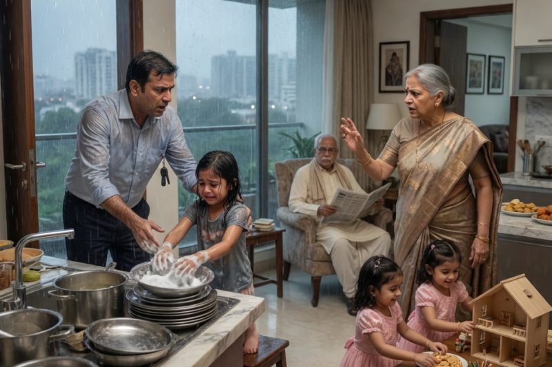 माता-पिता के घर लौटे पिता ने बरसाती रात में गोद ली बेटी को रसोई में रोते देखा, जबकि असली पोतियाँ खेल रही थीं; “वह हमारी नहीं”, सुनते ही उसने ऐसा फैसला लिया कि पूरा खानदान हमेशा के लिए सन्नाटे में डूब गया