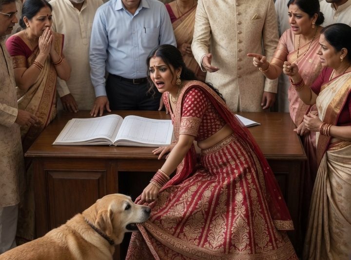 शादी के रजिस्टर पर साइन करते समय बूढ़े कुत्ते ने दुल्हन का लहंगा खींचा, सबने उसे पागल कहा, लेकिन बाद में सच निकला—“वह मुझे बचा रहा था”, क्योंकि दूल्हे ने उसकी मौत की तारीख खामोशी से चुन ली थी