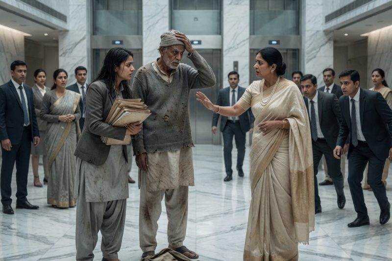 इंटरव्यू बचाने आई गरीब लड़की ने लिफ्ट के सामने अपमानित बूढ़े को थामा, सबने उसे पागल कहा, पर जब बूढ़े ने कहा “मुझे मालिक कहो”, उसी पल अमीर परिवार की साजिश और झूठी इज्जत बिखरने लगी पूरी कंपनी के सामने