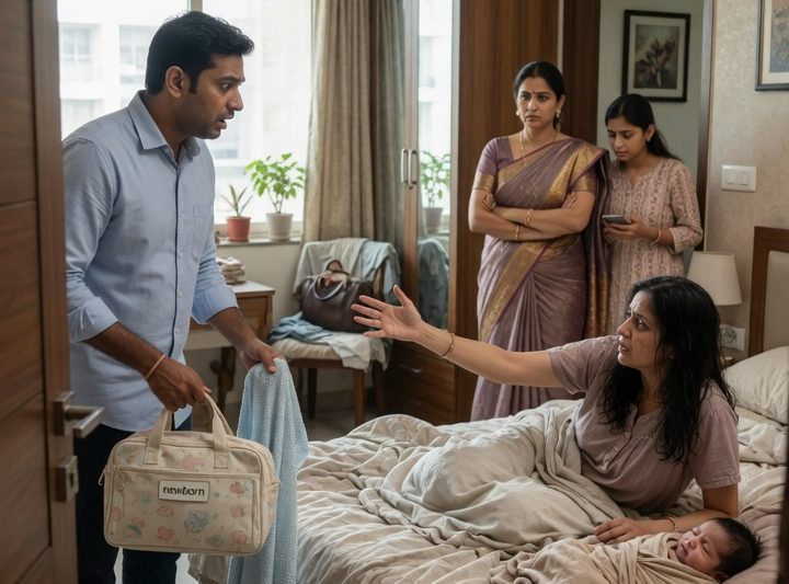 जब पति 3 दिन बाद घर लौटा, उसने पत्नी और नवजात को बिस्तर पर तड़पता पाया, जबकि उसकी माँ बोली, “बहू नाटक कर रही है”, फिर एक फोन मैसेज ने उसकी पूरी दुनिया और खून के रिश्तों का सच खोल दिया