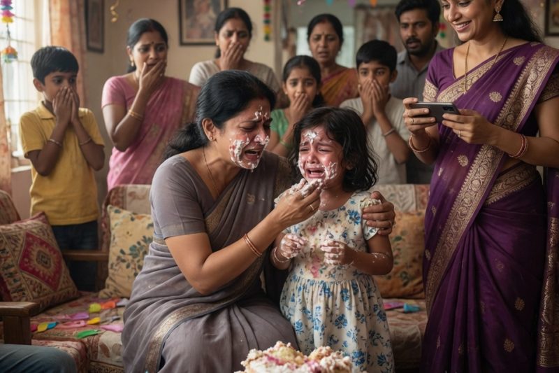 बेटी के जन्मदिन पर मेहमान ने उसका चेहरा केक में दबा दिया, माँ ने चुपचाप आँसू पोंछे, पर रात को जब पिता की हँसी दिखी तो सच निकला: “वह दर्द नहीं, ज़िंदगी सीख रही थी”, और दूसरी बच्ची का राज भी खुल गया