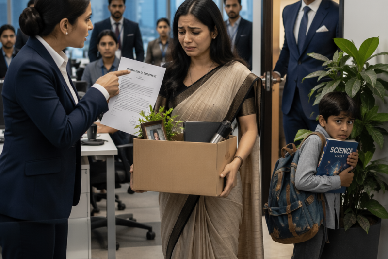 एक अकेली माँ बेटे को दफ्तर लाई तो मैनेजर ने सबके सामने नौकरी छीन ली, लेकिन जब मालिक ने बच्चे को गमले के पीछे छिपा पाया, उसने कहा “इस कंपनी में अब कोई माँ बच्चे की देखभाल पर माफी नहीं माँगेगी”