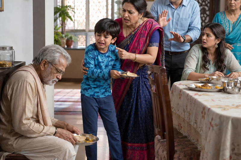बेटे ने बूढ़े पिता को रसोई के कोने में बासी रोटियां खिलाने दीं, पोते को दादू को खाना देने पर बंद कर दिया गया, फिर नीम कटने से पहले सबके सामने खुला राज— “यह घर भी मेरा है और सोना भी”…