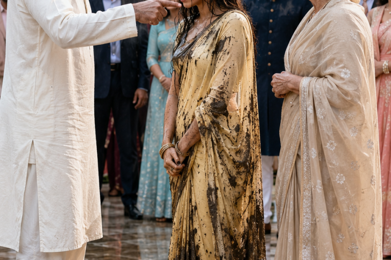 दावत में कीचड़ से सनी बहू को अमीर पिता ने सबके सामने कहा “तुम कचरे जैसी लग रही हो”, मगर जिस बूढ़ी औरत को उसने बारिश में बचाया था, वही हवेली की मालकिन निकली और पूरा खानदान सन्न रह गया
