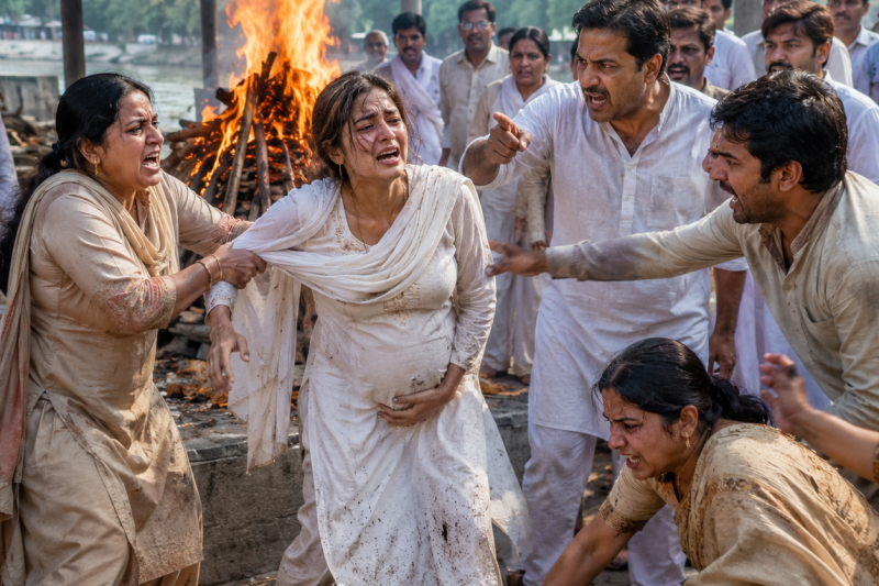 पति की चिता की राख ठंडी भी नहीं हुई थी, जब 8 महीने की गर्भवती विधवा को उसके ही घर के गैराज में धकेला गया—“तू यहीं सो,” लेकिन सुबह दरवाज़े पर आया काला काफिला सबकी इज़्ज़त सरेआम हमेशा के लिए उधेड़ गया
