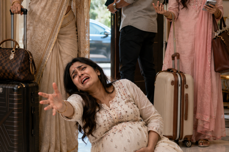 38 हफ्ते की गर्भवती बहू दर्द से फर्श पर तड़पती रही, ससुराल वाले उसके पैसों से छुट्टी मनाने निकल गए, और लौटे तो दरवाज़े पर लिखा मिला— “अब यह घर तुम्हारा नहीं रहा”