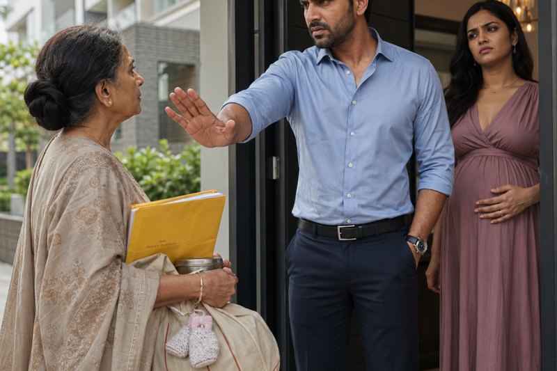 “अब हमारे घर मत आना” — बेटे ने गर्भवती पत्नी के सामने अपनी बूढ़ी मां को ठुकराया, लेकिन उसी रात बंद हुई ₹25,000 की ईएमआई और पीली फाइल ने रिश्तों की सबसे महंगी सच्चाई खोलने का इशारा कर दिया।