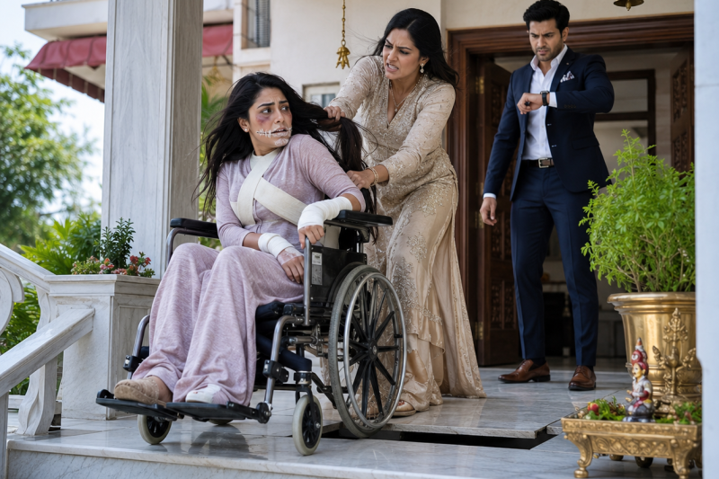 व्हीलचेयर में बंधी पत्नी को सीढ़ियों से गिराकर बीमा रकम हथियाने की साजिश हुई, लेकिन उसके छिपे बटन ने सब पलट दिया — “मैं तुम्हारी पत्नी थी, संपत्ति नहीं” सुनकर पति की चाल वहीं टूट गई पूरे परिवार के सामने