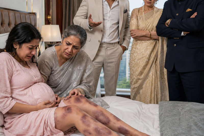 गर्भवती बेटी के पैरों पर नीले निशान देख मां की दुनिया हिल गई, लेकिन जब ससुराल ने धमकाया “बच्चा पैदा होते ही छीन लेंगे”, उसी रात चुप रहने वाली मां ने ऐसा सबूत जुटाया कि अमीर परिवार की इज्जत अदालत तक कांप गई