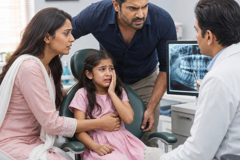 बेटी को मामूली दांत दर्द समझकर मां उसे क्लिनिक ले गई, लेकिन पति का अचानक साथ आना शक बन गया; डॉक्टर ने एक्स-रे देखकर चुपके से पर्ची थमाई—“बच्ची झूठ नहीं बोल रही”, और मां सीधे पुलिस स्टेशन पहुंच गई