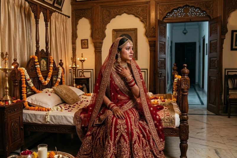 मेरी सुहागरात पर, बेटे का आशीर्वाद पाने की रस्म के नाम पर उन्होंने मुझे अपने पुश्तैनी कमरे में बंद कर दिया—लेकिन रात 3:12 बजे जब मेरे बिस्तर के ऊपर टंगी चमेली की माला हिली, तो मैंने ऊपर देखा और अँधेरे में आँख की तरह टिमटिमाती एक छोटी-सी लाल बत्ती दिखाई दी।