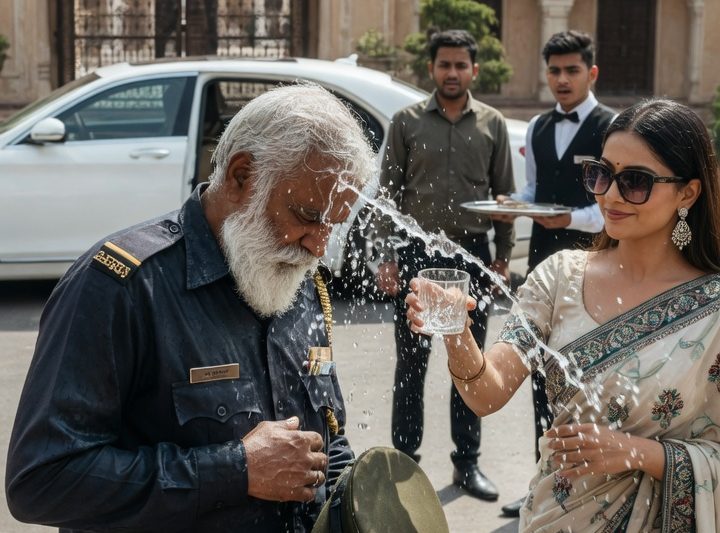 शादी से 6 हफ्ते पहले होने वाली बहू ने हवेली के बूढ़े चौकीदार पर पानी फेंककर कहा, “गंदगी धुल जाएगी,” और 2 कर्मचारियों के सामने हँसती रही; वह बूढ़ा बस टोपी उतारकर चुप रहा, क्योंकि उसकी जेब में ₹4,00,000 वाला लिफाफा और ऐसा सबूत था जो रिश्ता नहीं, पूरा खानदान हिला देता…