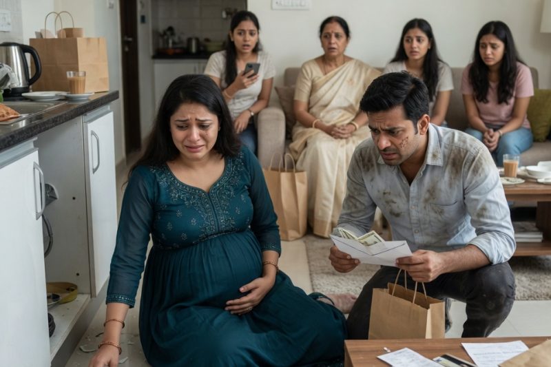 14 घंटे की ड्यूटी के बाद घर लौटा तो मेरी 8 महीने की गर्भवती पत्नी रसोई में टूटी प्लेट समेट रही थी, मां और 3 बहनें सोफे पर हंस रही थीं; उसने बस फुसफुसाकर कहा, “कुछ मत बोलना, ये फिर झूठ बोलेंगी,” और मैंने चुपचाप वह छिपा बिल खोल दिया जिसने सबकी सांस रोक दी।