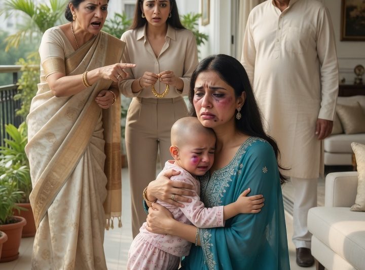 जब मेरी 3 साल की बेटी गंजे सिर के साथ बालकनी में बैठी रो रही थी और सास सबके सामने चिल्लाई, “तेरी बेटी चोर है”, तब मैंने बहस नहीं की, बस उसके कागज़, 280000 रुपये और पुराना कैमरा ऐप खोला—उन्हें नहीं पता था असली चोरी किसने रिकॉर्ड कर ली थी।
