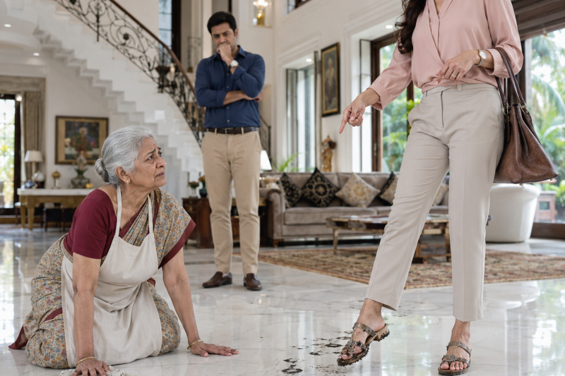 घुटनों के बल अपनी ही हवेली का फर्श रगड़ती बूढ़ी मां को बहू ने ताना मारा, “यहां मुफ्त रहती हो”, लेकिन अलमारी में छिपे कागज ने बेटे की झूठी बादशाहत और बहू का घमंड एक झटके में सबके सामने मिटा दिया