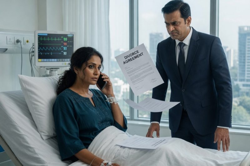 अस्पताल के बिस्तर पर 4 दिन बाद पति ने तलाक के कागज़ फेंककर हँसते हुए कहा, “तुम मुझसे लड़ ही नहीं सकती,” पत्नी ने रोने के बजाय चुपचाप फोन उठाया, वकील को एक शब्द कहा, और उसी पल उसे पता नहीं था कि अदालत में पहले से एक सीलबंद फाइल उसका इंतज़ार कर रही थी।